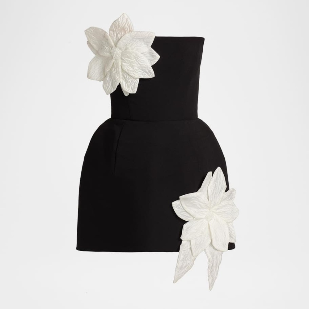Bronx and Banco Black Strapless Mini Dress with White Floral Appliqués - Picture 2 of 16